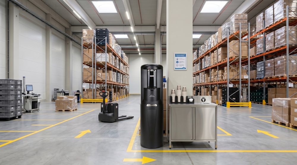 Wasserspender in Lagerhalle mit Regalen
